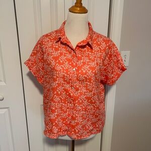 Rachel Zoe 100% Linen Dainty Floral Short Sleeve Button Up Blouse Top M
